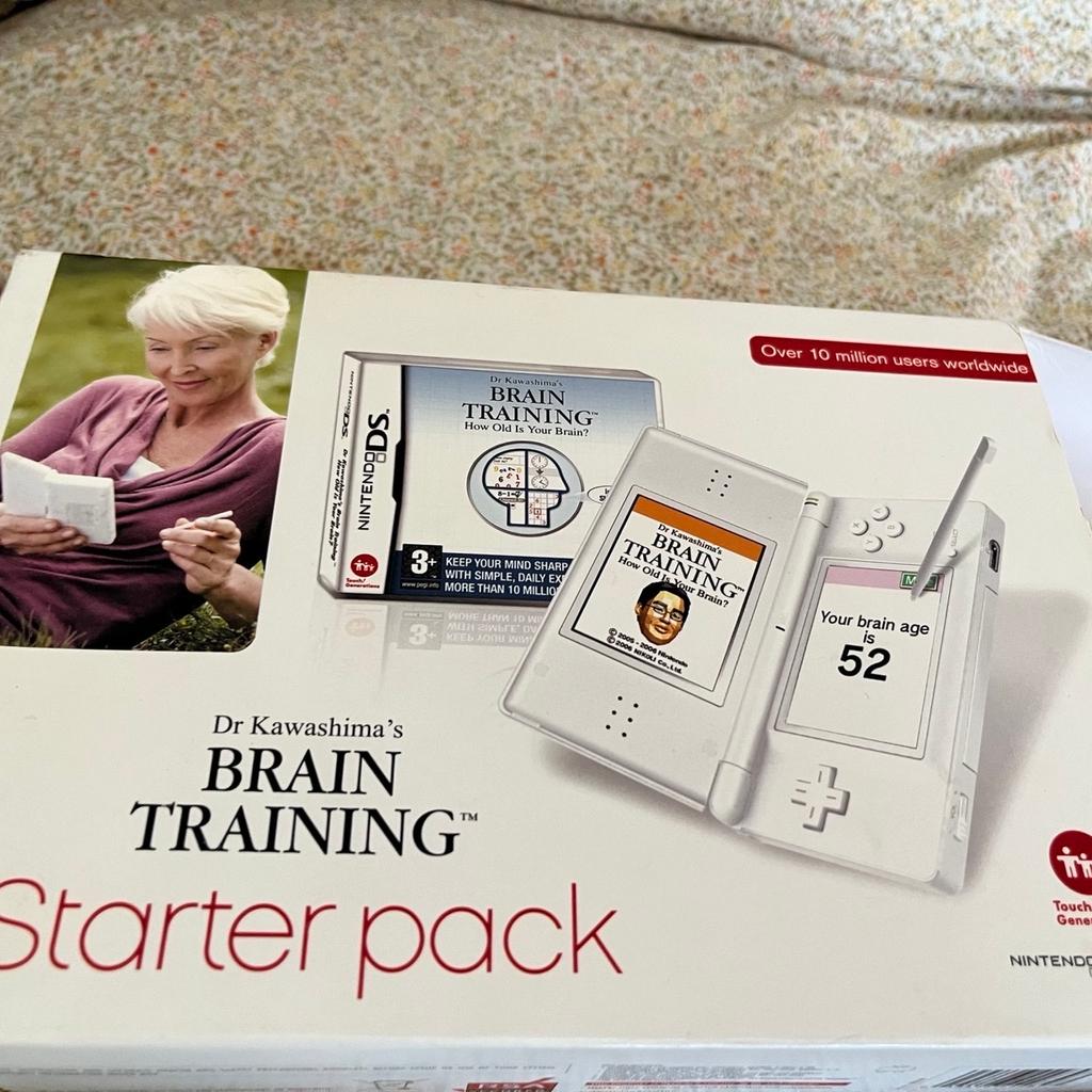 This pack contains one. white DS Lite with stylus, a DS Lite charger, spare stylus, instruction booklet and Dr Kawashima's Brain Training:
New