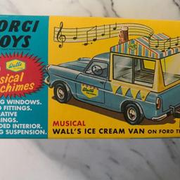 This much-loved ‘musical’ version of Corgi’s Wall’s Ford Thames Ice Cream Van was initially produced in October 1965.

Given the model number 474, it was launched just six months after an earlier edition, number 447, which had omitted the iconic five note chimes. The additional production cost of including the musical movement resulted in 447’s child and ice cream seller figures not being included.

Instead, Corgi created a new box design, complete with an illustrative insert card depicting expectant ice cream buyers queuing for their Wall’s ice cream or lolly. Cuts in this card allow it to be slotted into the open window of the ice cream van model to create a mini diorama.

The model is still in its box, unused (see specimen) and is on the net for £49.99 and upwards.

See box wording for model's features.

It is available now for £30 and will be mailed in protective packaging  with a  CERTIFICATE OF POSTING obtained
OR
collect from Warrington (near Gulliver's World)
(01925) 630