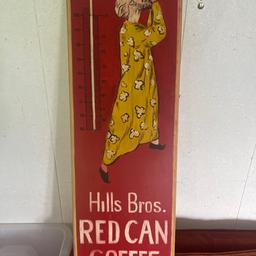 This is an old bevelled wooden sign with hook to hang it if you wish. Hills Bros.Red Can Coffee in good condition Height 60cm Width 20cm & 1.5 cm thick