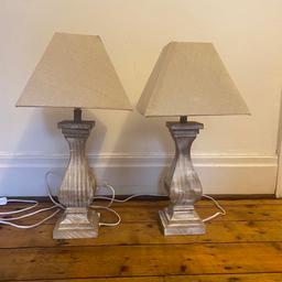 Pair of distressed wooden lamps, ideal for bedside or sideboards, could be painted if preferred

Base height 12” total height including shade 22”

* cash on collection *