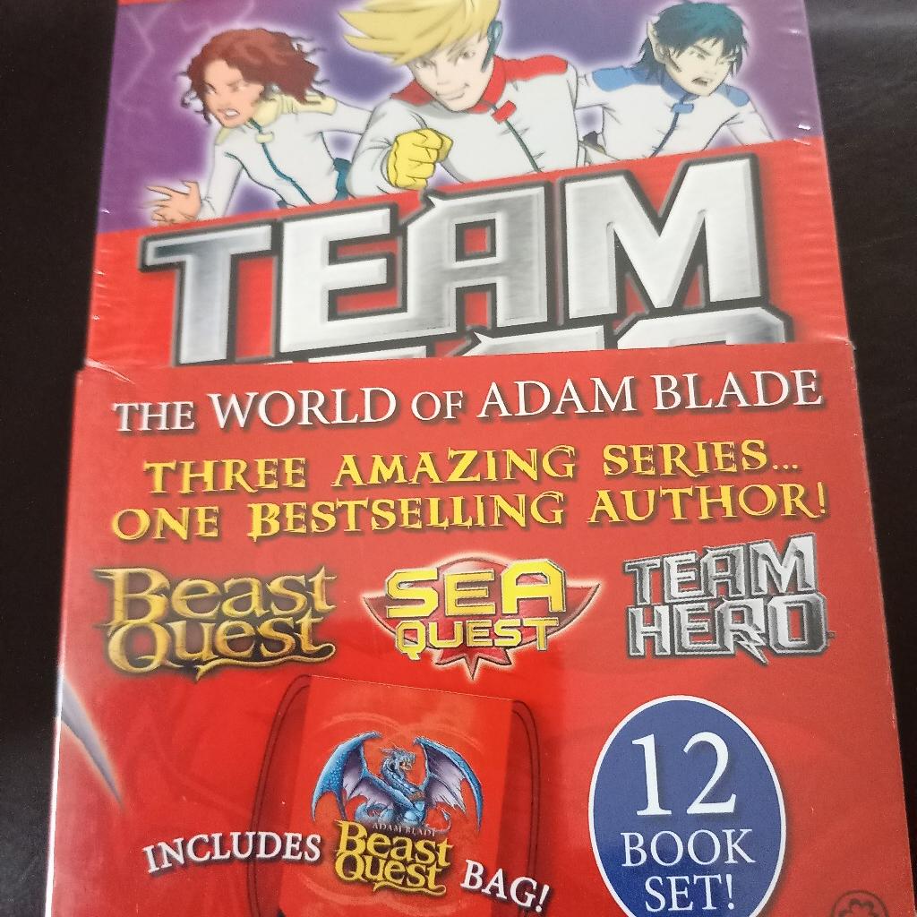 A new and sealed boxed collection of 12 Adam Blade children's books. The set includes 3 series - Sea Quest, Beast Quest and Team Hero and includes a free Beast Quest bag. RRP £59.88!!! I have other boxed collections and would be open to negotiation of price for multiple sales.
