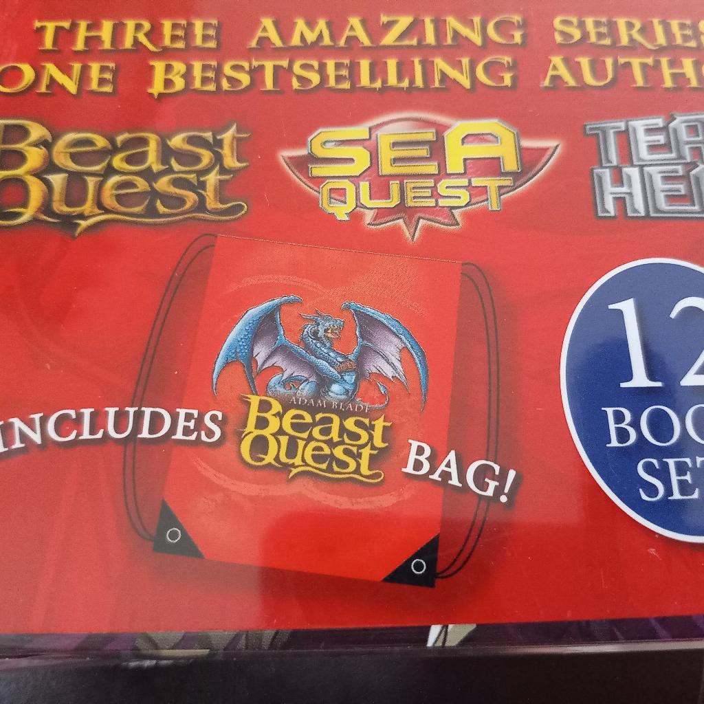 A new and sealed boxed collection of 12 Adam Blade children's books. The set includes 3 series - Sea Quest, Beast Quest and Team Hero and includes a free Beast Quest bag. RRP £59.88!!! I have other boxed collections and would be open to negotiation of price for multiple sales.