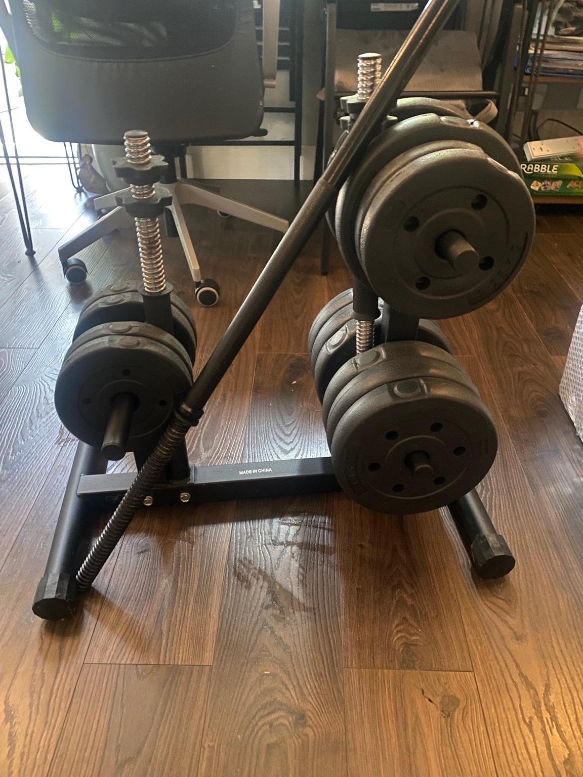 Dumbbell, long bar weights and stand RRP £150 in SE7 London for £50.00 ...