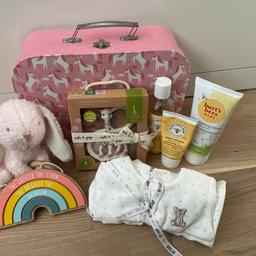 Perfect new born baby girl gift set!
All new.
set consist of a lovely unicorn case,
soft bunny with wooden teether
Next, baby grow, size new born 1 month
Burts Bees baby diaper ointment
Burts Bees shampoo & wash
Burts Bees norishing lotion
Next rainbow nursery decoration
Sophie La Girafe teething ring toy