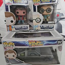 Back to the future pop vinyl car box is a bit  damaged and 2 other pops none of them have ever been taken out the box price is for all the 3 pick up from Dagenham Essex
