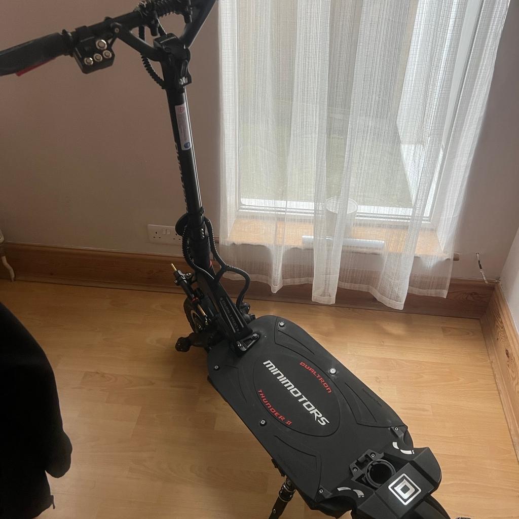 Dualatron Thunder 2
8 miles on Odometer
Purchased for £3,199
Extras
Seat £149.00
Steering damper £255.00
Fast charger £195.00
Seat £199.99
Waterproofed

Specifications

Motor(s)10080 W Dual MotorMax Speed100 km/h
Range150 – 170 km
Battery72V 40 Ah – (LG 21700)
Charging time20h
Fast charge 8h
Weight47.3 Kg
Max Load120 Kg
2 fast chargers

Cash on collection
No offers
No swops