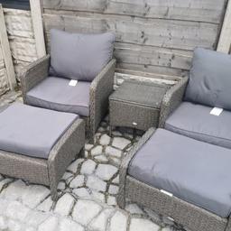 Garden furniture 5 sets included cushions and glass. Very solid and good condition. Pick up from OL11. Cash only please.