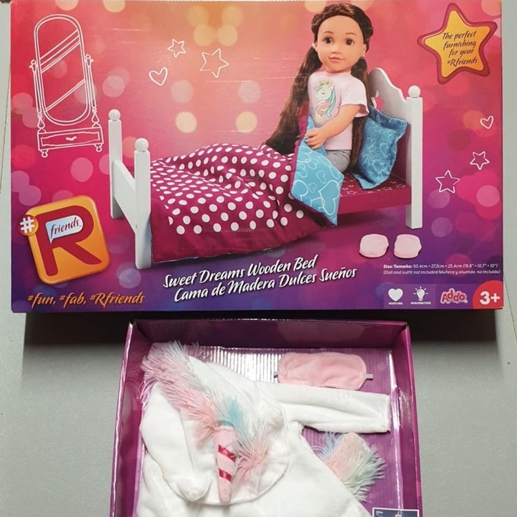 Brand new packaged #RFriends bundle including the following as shown in images:
#RFriends Amelia doll
#RFriends Sweet Dreams Wooden Bed
#RFriends Cute Unicorn all-in-one
#RFriends Buster the Pug

Perfect gift for little ones this Christmas!

Total online purchase price is £87