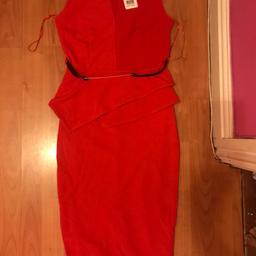 Size 8, 
Red peplum midi dress with black and gold belt, brand new, 
still has label attached, 
under layer attached, 
very well made, 
Tight fitted with little stretch. 
Jane Norman brand.