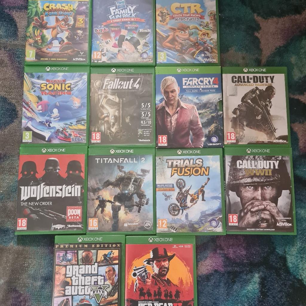 Xbox one games for sale/ all different prices

I've got all these xbox one games for sale
All good working condition

Crash Bandicoot N. Sane Trilogy £15

family fun pack 4 games in 1 £15

Crash™ Team Racing Nitro-Fueled £20

Team sonic racing £15 sold

Fall out 4 £10

Farcry 4 complete edition £10

Call of duty advancd warfare £10

Call of duty WW 2 £10

wolfenstein the new order £10

Titanfall 2 £10

Trials fusion £10

GTA 5 £15 sold

Red dead redemption £15 sold