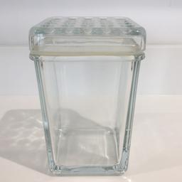 IKEA Design no.19895
Discontinued heavy glass storage container with dimpled top and rubber seal
Measuring approximately 16.5cm high x 10cm wide
Made in P R China