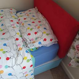 children single divan bed for sale blue base with red headboard