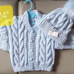 DESIGN Z ARAN Blue 1/2 yr 24" Boys please ask for your colour bigger sizes to order check sizes beĺow

Deposit £5 Time of Order non Refundable
Order your Colour Size for boy or girĺ
Check if in stock
SIZES BELOW

Crew Neck Cardigan Hat pom pom
0/3m C20" L9" Sl 6" £15
6/9m C22" L10" Sl 7" £16
1/2 yr C24" L11" Sl 8" £17
2/3 yr C26" L1 2" Sl 9" £19
3/4 yr C28" L14 Sl 10" £20
HATS ONLY
Hats 20" 22" £6.50
Hats 24"26"28" £7.50
Postage will be £3.20 Check out my other Hand knitted items on sale.