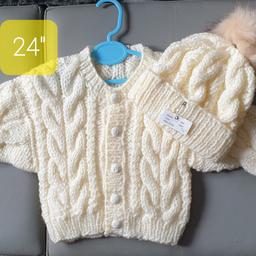 DESIGN Z ARAN Cream 1/2 yr 24" Boys please ask for your colour bigger sizes to order check sizes beĺow

Deposit £5 Time of Order non Refundable
Order your Colour Size for boy or girĺ
Check if in stock
SIZES BELOW

Crew Neck Cardigan Hat pom pom
0/3m C20" L9" Sl 6" £15
6/9m C22" L10" Sl 7" £16
1/2 yr C24" L11" Sl 8" £17
2/3 yr C26" L1 2" Sl 9" £19
3/4 yr C28" L14 Sl 10" £20
HATS ONLY
Hats 20" 22" £6.50
Hats 24"26"28" £7.50
Postage will be £3.20 Check out my other Hand knitted items on sale.