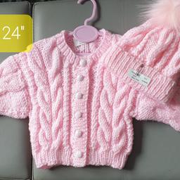 DESIGN Z ARAN Pink 1/2 yr 24" Girls please ask for your colour bigger sizes to order check sizes beĺow

Deposit £5 Time of Order non Refundable
Order your Colour Size for boy or girĺ
Check if in stock
SIZES BELOW

Crew Neck Cardigan Hat pom pom
0/3m C20" L9" Sl 6" £15
6/9m C22" L10" Sl 7" £16
1/2 yr C24" L11" Sl 8" £17
2/3 yr C26" L1 2" Sl 9" £19
3/4 yr C28" L14 Sl 10" £20
HATS ONLY
Hats 20" 22" £6.50
Hats 24"26"28" £7.50
Postage will be £3.20 Check out my other Hand knitted items on sale.