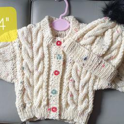 DESIGN Z ARAN Nougat 
1/2 yr 24" Girls please ask for your colour bigger sizes to order check sizes beĺow

Deposit £5 Time of Order non Refundable
Order your Colour Size for boy or girĺ
Check if in stock
SIZES BELOW

Crew Neck Cardigan Hat pom pom
0/3m C20" L9" Sl 6" £15
6/9m C22" L10" Sl 7" £16
1/2 yr C24" L11" Sl 8" £17
2/3 yr C26" L1 2" Sl 9" £19
3/4 yr C28" L14 Sl 10" £20
HATS ONLY
Hats 20" 22" £6.50
Hats 24"26"28" £7.50
Postage will be £3.20 Check out my other Hand knitted items on sale.