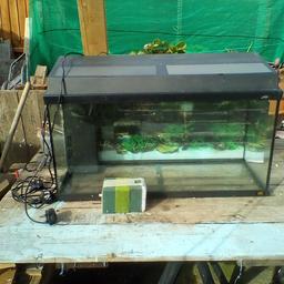 Juwel
 fish tank with lid. Size 31" 1/2
 X 15" depth
 X 12" wide
Pump New filter sponges .heater.
Light need New transformer. Other wise a very thing fine .two tubs of black gravel also.last photo of transformer can get them of eBay for a few pound.