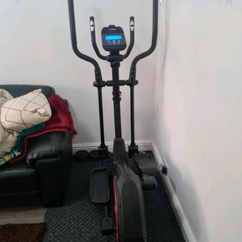 EXCELLENT CONDITION DUE TO BEING USED ONLY ONCE OR TWICE.

BROUGHT FROM ARGOS FOR £440 THIS YEAR AND HAS JUST BEEN SITTING IN THE FRONT ROOM.

With 16 levels of tension across 12 programmes you can make progress at your own pace. Target a host of areas, even your body fat, and stride comfortably towards your goals.

Mains powered.
Electromagnetic resistance system.
Hand grip pulse sensor.
12 user programmes.
Number of programmes: 1MANUAL + 12 Fixed PROGRAM + 1BODYFAT + 4 target HRC + 4USER PROGRAM.
Console feedback including: Speed, distance, calories, time, pulse, perpetual calendar, temperature, damping level, program.
16 level tension control.
6kg flywheel.
Transportation wheels.
13 inch stride length.
Maximum user weight 120kg (18st 13lb).

General information:
Size H162cm, W68cm, D125cm.
Weight 43kg.
