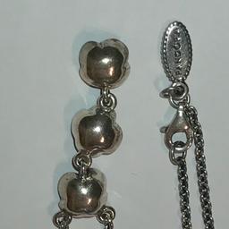Hi
This is from the three wishes range and was purchased about 2007. It has ALE S925 and Pandora marks on it. It has 3 fresh water treated cultured pearls and the 17 and 1/2 “ chain has additional loops to allow it to be worn at 16 and 1/2 “!ong or 15 and 1/2 “ long. It’s a beautiful necklace but is never worn which seems a shame. There is no damage to this, the silver has a grey age related patina which I will leave to buyers choice of if you want to bring it back to the original shiny silver.
I have PayPal and can post in the UK if the buyer pays £5 towards the special delivery postage and £1.50 towards PayPal fees please. Happy for cash on collection in central Stafford. NO COURIERS
Thanks For Looking