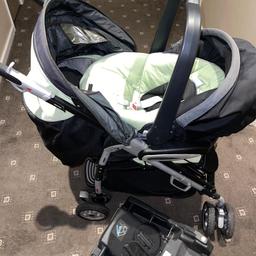 PRIMO VIAGGIO MT ZEST

Folding pushchair in Green, Black & Grey

3 positions - lay down, sit up, sit forward with click lock fastening harness with detachable hood, car seat fixes in, parent facing with quick click & go

Car seat with click & go base, secured in by seatbelt, has detachable hood & head support rest for babies

Padded harness covers/protectors

Zip off foot cover

Cup holder

Under pram mesh carry pocket

Quick click release to collapse

2005 in good condition, been in storage a few years since last use, one piece of plastic covering missing from front (see photo only cosmetic not essential)

Including Clip on Activity Pram Arch

More pics available please ask ☺️