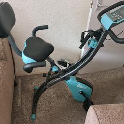 fitquest express exercise bike used once has resistance bands so you can work your arms different settings holds up to 136kg 3 different heights back rest comes with working manual it cost £250 from a smoke and pet free home counts calories distance etc etc as per manual