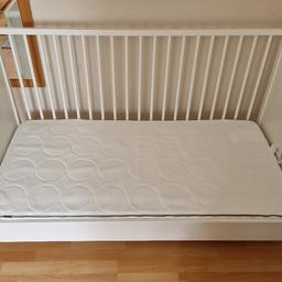 lovely Cot bed in excellent condition. The cot bed can be raised up and the side of the Cot can be removed for when they grow bigger.

Thus comes with a comfortable Ikea mattress which has a protector on it and sheets and bedding set.

All original parts included