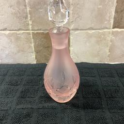 Pink frosted glass bottle with engraving and clear glass stopper 9 inches tall £5 on collection only
