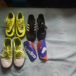 Nike and Adidas football boots
Nike white Size 3 -£7
Nike green Size 4 -£7
Adidas black Size 5-£7
Shin pads Y5 -£2
All for £20
