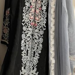Pakistani all over embroidered work in Chiffon in Large size . Lining is attached 
Comes with chiffon dupatta 
Trouser is cotton 

Length is approximately 44 inches 
Armpit to armpit is 21 inches 

Used only once for few hours 

Comes from smoke and pet free home 
Please have a look at my other items 
Thank you