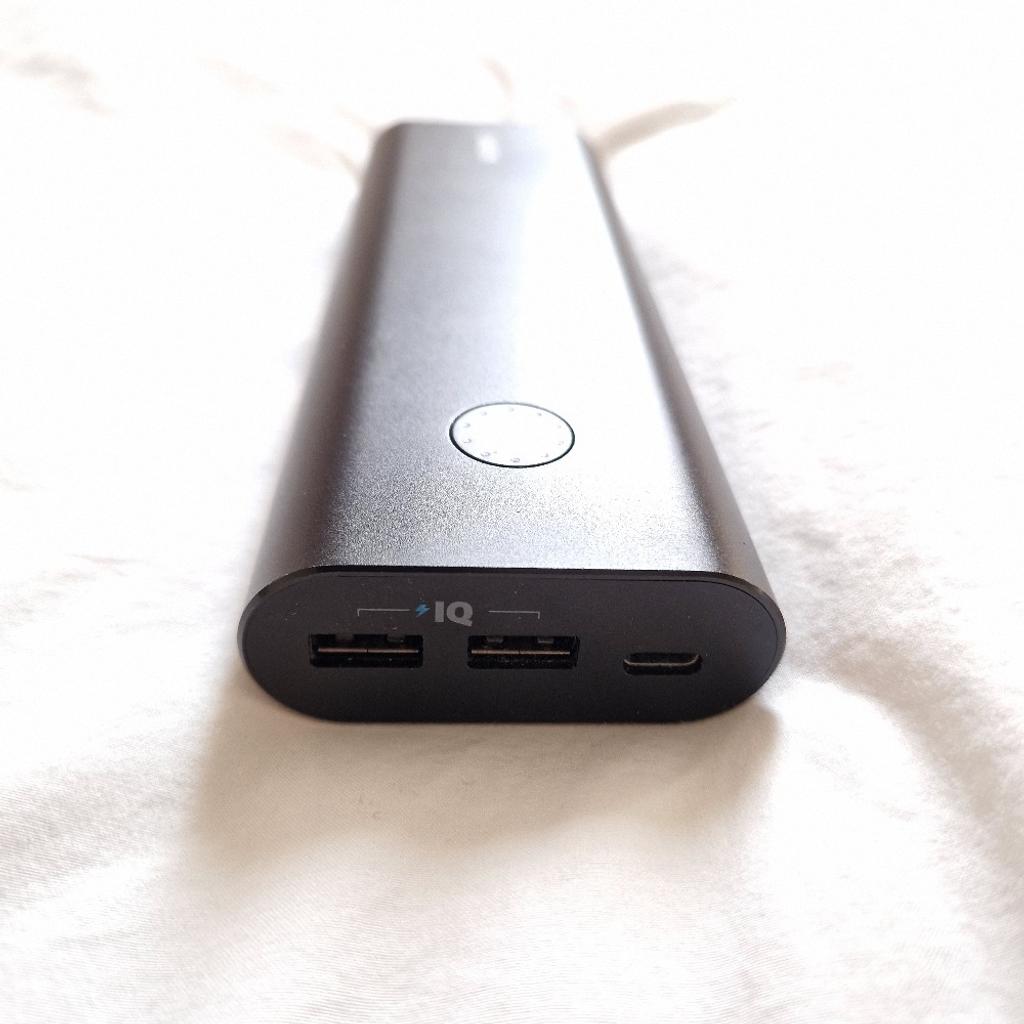 Anker PowerCore+ 20100 USB-C

28 hours, 34 minutes (Wi-Fi video streaming)
Capacity20100
Dimensions	7.4 by 2.6 by 0.9
Voltage	5V/2.4A USB-A, 5V/3A USB-C
Weight	15.2