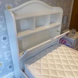Beautiful white wood solid bed with a pull down secret compartment 

Comes with mattress if wanted.  Has marks on top , but other than that great used condition. 

Grab a bargain 

Collection b74