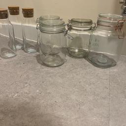 Various Maisonette jars and glass bottles from ikea

5 glass bottles one is new and unused, the others have been used for laundry products.
£1 each £2 for the new one unless sold together

Rose gold Mason jar is is new and unused £2
Heart jars £2.50each
Maisonette jar £2
