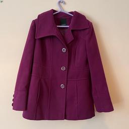 Brand new, I purchased this coat a few years ago and it just been sat in my wardrobe wrapped up never worn.. it’s too big for me. It’s a plum purple colour very deep and rich.. lovely coat. Collection Retford
