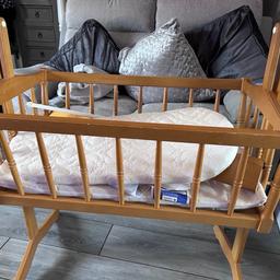 Vintage rocking cradle plus cot sheets, blankets,bumper, padded covers, hood for cradle with attachment. Moses basket mattress, liner, covers l, hood with attachment. Baby shawl. No sorting. Collection Rowley Regis.