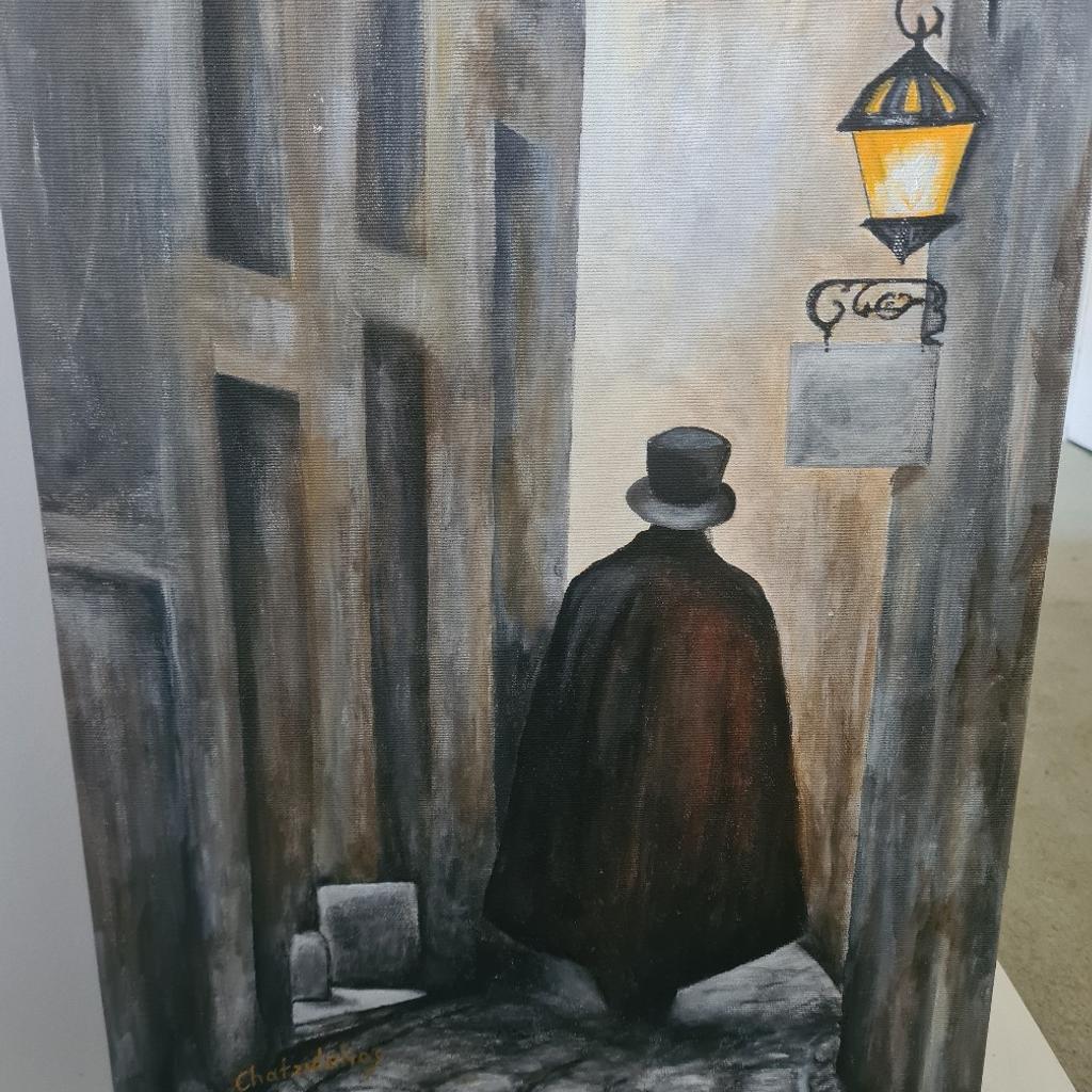 A very nice painting on canvas in acrylic of a gentleman walking the streets of London. I think this was painted with Jack the Ripper in mind judging from the painting itself. Painting has a signature, see photo. Around 60cm high, 30cm+ or thereabouts width.