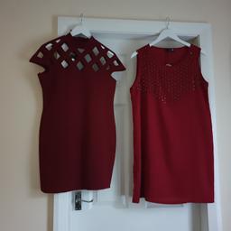 Dress 2 piece New With Tags
1)Dress „Boohoo“Night Berry Colour Bryanna Cut Out Neck Bodycon Dress
Actual size: cm and m
Length: 80 cm
Length: 62 cm from armpit side
Shoulder width: 57 cm with hands
Volume hand: 44 cm from neck
Breast volume: 90 cm – 1.06 m
Volume waist: 82 cm – 95 cm
Volume hips: 91 cm – 1.02 m
Size: 14 ( UK ) Eur 42,US 10
95 % Polyester
 5 % Elastane
Made in UK

2) Dress“Danity” With Black Stones Dark Burgundy Colour
 Actual size: cm and m
Length: 86 cm
Length: 65 cm from armpit side
Shoulder width: 37 cm
Volume hands: 41 cm
Volume bust: 98 cm – 1.00 m
Volume waist: 1.02 m – 1.03 m
Volume hips: 1.08 m – 1.10 m
Size: 14 (UK) Eur L
95 % Polyester
 5 % Spandex
Made in China
Price £29.90 for 2 piece
Can buy separately one thing