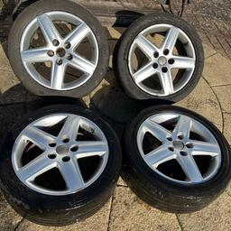 Four Audi A3 tyres all have worn treads. 235/45/R17. One cap missing. Three good rims and one scratched. Collection only. Sold as seen.