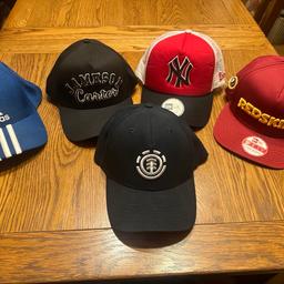 5 mixtures of designer caps, adidas size one size fits most,vintage NY Cap one size fits most,New era medium/ large,,the 1 Black cap don’t say a size but the Jameson carter as a plastic band so you can alter the size.the Element cap is a L/xl you cannot alter the size on that cap it just fits on your head.on the NY Cap on the button on the top it as got a slight bit of the red on it but still looks ok & vintage.reduced to £20reduced to £15reduced to £10