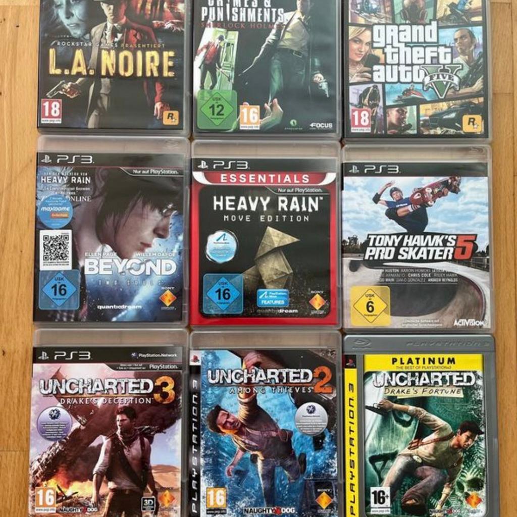 Verkaufe PlayStation 3 Slim-Edition, 120 GB inklusive 2 Controllern und 9 Spielen (Uncharted 1-3, Heavy Rain, Beyond 2 Souls, GTA 5, Tony Hawk's Pro Skater 5, Sherlock Holmes - Crimes & Punishments, L.A. Noire). Der Zustand ist sehr gut - wenig gebraucht.