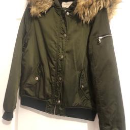 Ladies khaki jacket River Island size 14 detachable fur from hood few scuffs on buttons but others excellent condition comes from a smoke free home please feel free to view my other items