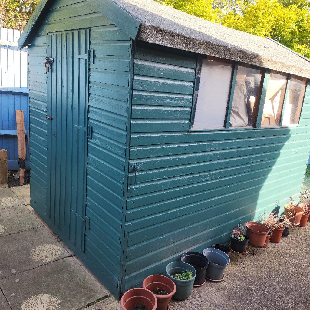 Garden storage shed 10f x6ft rencently paint treated roof removed 1st has to be replaced with roifing material also wall awning both have to be distmentaled by buyer shed £600 cost much more awning £60 that cost much more heavily duty model includes 2 winding tools shed has interesting items that's included
