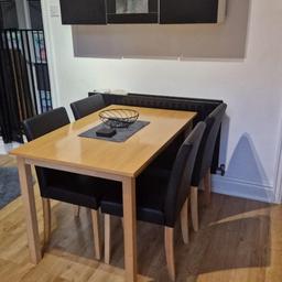 brown wooden table
x4 black faux leather chairs
small chip in side as seen in photos
no scratches or marks on chairs
need gone ASAP as moving house 