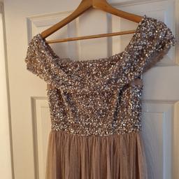Maya Deluxe Bardot Dress in Blush.

Floor length gown, sequined top, fully lined. Lovely dress. Tag says size 6 but it's more an 8. If local happy for you to try on. Will post at cost to buyer.