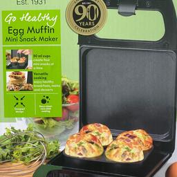 GO HEALTHY EGG MUFFIN MINI SNACK MAKER, EASY CLEAN NON-STICK COATING, 4 X 50 ML CUPS, 600 W

Create a variety of healthy, bite-sized snacks with this Go Healthy Egg Muffin Snack Maker from Progress. Perfect for cooking breakfasts, sweet treats or parts of a main meal, this snack maker is extremely versatile and user friendly. Boasting an easy-clean non-stick coating and convenient cool-touch housing, this snack maker is complete with four 50 ml cups so that you can cook multiple treats at one time. With 600 W of power, this snack maker will reach a maximum temperature of 236 – 242 °C.

Cook delicious treats and bite-sized snacks with this versatile, Go Healthy Egg Muffin Snack Maker from Progress, a great addition to any home.
Designed with users in mind, this snack maker features convenient cool-touch housing and a non-stick coating for effortless cleaning.

Brand new
Available for collection Blackpool or postage