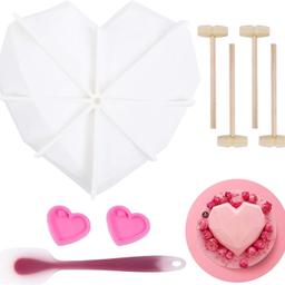 This set contains 1 piece of diamond heart cake mould, 4 pieces of wooden hammers, 2 pieces of heart shape keychains/candy moulds, 1 piece of silicone spatula
3rd generation optimized the base of the mould with star shaped support to stabilize the mould while pouring your cake mixture and transferring to the fridge. It also emphasizes on the depth and solidity to make the diamond shape more vivid.
The heart cake mould is perfect for mousse, chocolate, cake, prepared food, candy, fondant and so on. The wooden hammers are perfect for cracking the chocolate with a big surprising gift appear. Silicone spatula is used to hold and clean cream, chocolate liquid
Made of food-grade silicone, without any chemical coatings and non-smell, non-toxic. 
Can be used in -40 to 440°F (-40 to 230°C), freezing or baking, safe with oven, microwave, refrigerator and dishwasher