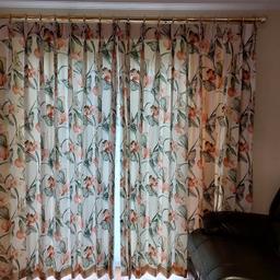 2 sets of bespoke curtains, one for patio doors and one for window with gold coloured curtain poles