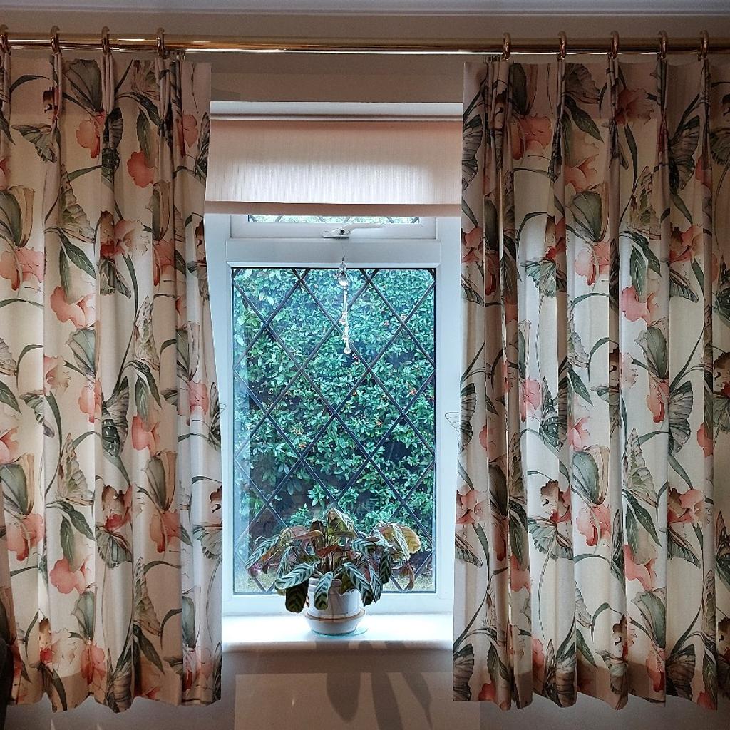 2 sets of bespoke curtains, one for patio doors and one for window with gold coloured curtain poles