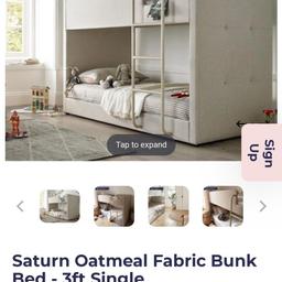 Gorgeous oatmeal coloured fabric bunk bed. Paid £600 for it 2 years ago. Only selling as moving house. Great condition. Mattresses not included. Collection only. Will be dissembled ready for collection.
