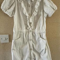 Girls #riverisland #denim #dress with pretty Broderie Anglaise puff sleeves and frill detailing. Finished with Pearl like buttons 

Size: 12 years 
Colour: White 

Condition: in very good #likenew condition.  Worn 2-3 times and still looks great! No noticeable flaws or imperfections