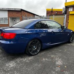 2011 BMW 325D 3.0 M Sport Convertible, Auto, Coupe

107K Miles 
Service History, BMW manuals, V5 Log book Present 
Last full service at 105k miles 
12 months MOT
MOT February 26th 2025
2 keys 
6 brand new glow plugs & control unit 
New inlet manifold 
Black leather interior 
Automatic transmission with paddle shift 
Interior screen with built in sat Nav 
Bluetooth / CD Player / AM FM Radio
Aux / USB input 
Cruise control 
Flappy paddles 
Electric windows 
Air conditioning / climate control 
Multi function steering wheel
Surround parking sensors 
Xenon lights 
Hard top convertible 
M Sport Alloys 
TOP SPEC! 